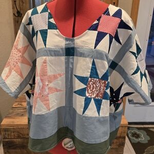 Patchwork Star Print Crop Top in White, Blue, Pink